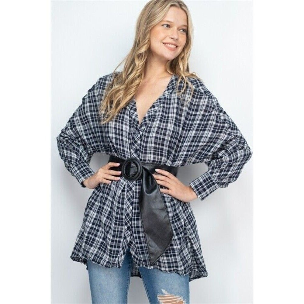 Large Women's Button Down Top Faux Leather Belt Navy Blue & White Plaid